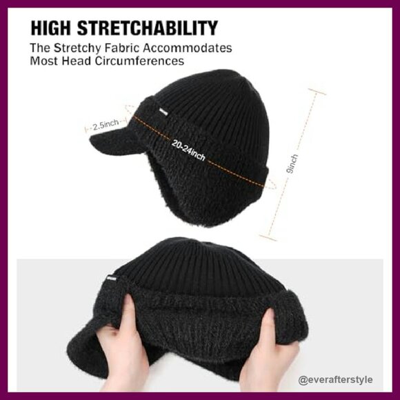 Fleece Lined Winter Beanie with Brim and Ear Flaps Unisex Warm Knit Hat main image 4